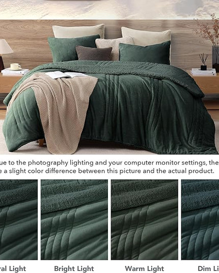 Monbix Fluffy Full Comforter Set Deep Forest, Sherpa Plush Fuzzy Comforter 3 Piece for Full Size Bed, Luxury Soft Winter Warm Bedding Set