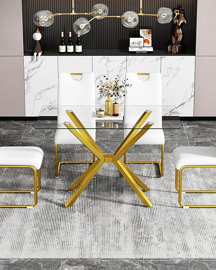 47.24" Rectangular Glass Dining Table Modern Kitchen Glass Top Table for 4 with Gold Metal Legs, Clear Dining Table Kitchen Table for Home Office Dining Room