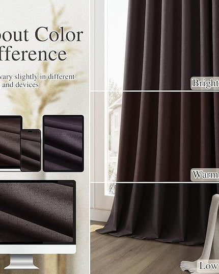 Guken 100% Blackout Curtains 84 Inch Length 2 Panels Set for Living Room Bedroom Back Tab Thermal Insulated Black Out Linen Drapes Room Darkening Cocoa Coffee,52x84