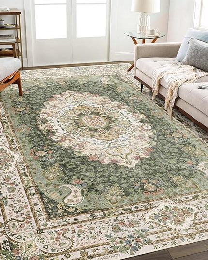 8x10 Area Rugs Washable,Green Rug for Living Room Bedroom Dining Room,Large Boho Vintage Bohemian Distressed Carpet Non Slip,Floral