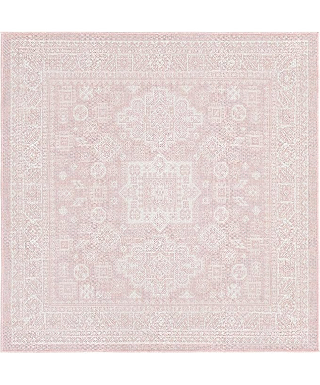 Rugs.com Outdoor Aztec Collection Rug – 5 Ft Square Pink Flatweave Rug Perfect for Living Rooms, Kitchens, Entryways