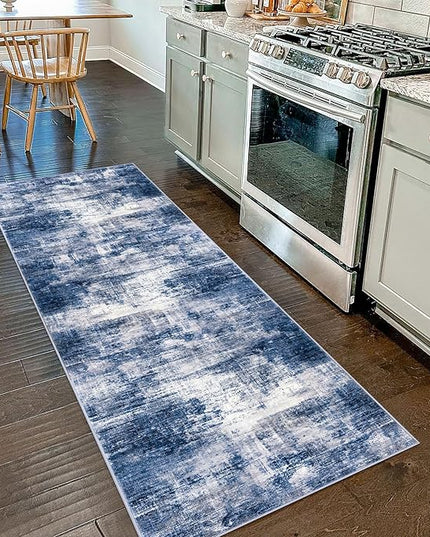 IOHOUZE Abstract Runner Rug 2x7 Ft Washable Runners for Hallways, Non Slip Kitchen Runner Printed Faux Wool Entryway Runners Indoor, Modern Abstract Floor Carpet for Hall Kitchen Bedroom, Navy/Grey
