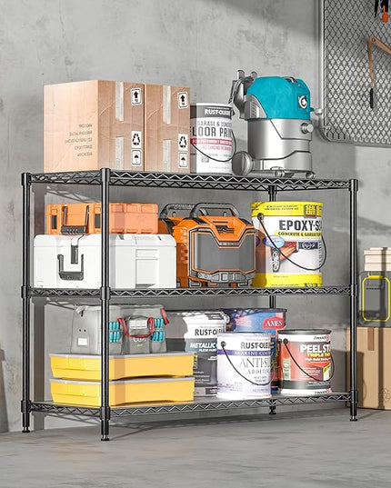3-Shelf Adjustable Storage Shelves 36" W x 14" D x 36" H Metal Shelving Unit Heavy Duty Wire Rack Small Organizer with 3 Shelf Liners for Kitchen Pantry Bathroom Laundry Closet Garage Black