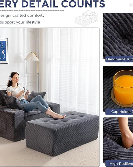 MAXYOYO Oversized Chaise Lounge Sofa, Upholstered Lounge Chair with 3 Pillows Indoor, Tufted Boneless Sofa Couch with Ottoman, Deep Seat Sleeper Chair for Living Room, Bedroom, No Assembly, Grey