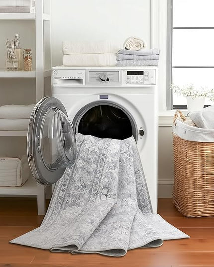 ReaLife Rugs Machine Washable Area Rug - Living Room Bedroom Bathroom Kitchen Entryway Office - Padded Low Pile Stain Resistant Premium - Boho Farmhouse Vintage - Noor - Silver Ivory 7'6" x 9'6"