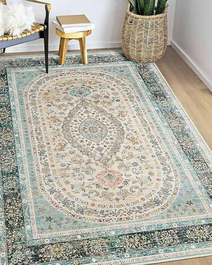 Blue Rug 3x5,Washable Area Rugs for Bedroom Living Room Kitchen Entryway,Small Boho Vintage Bohemian Distressed Oriental Non Slip Carpet,Floral