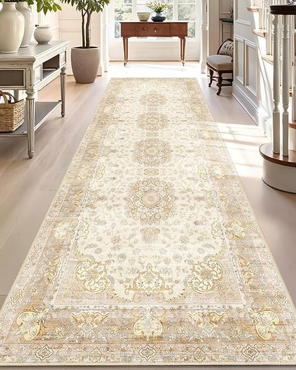 Washable Runner Rug 2'x8',Boho Rug Runners Non Slip,Long Rugs for Hallways Kitchen Bathroom Bedroom Entryway,Vintage Bohemian Distressed Floor Carpet,Beige Gold Floral