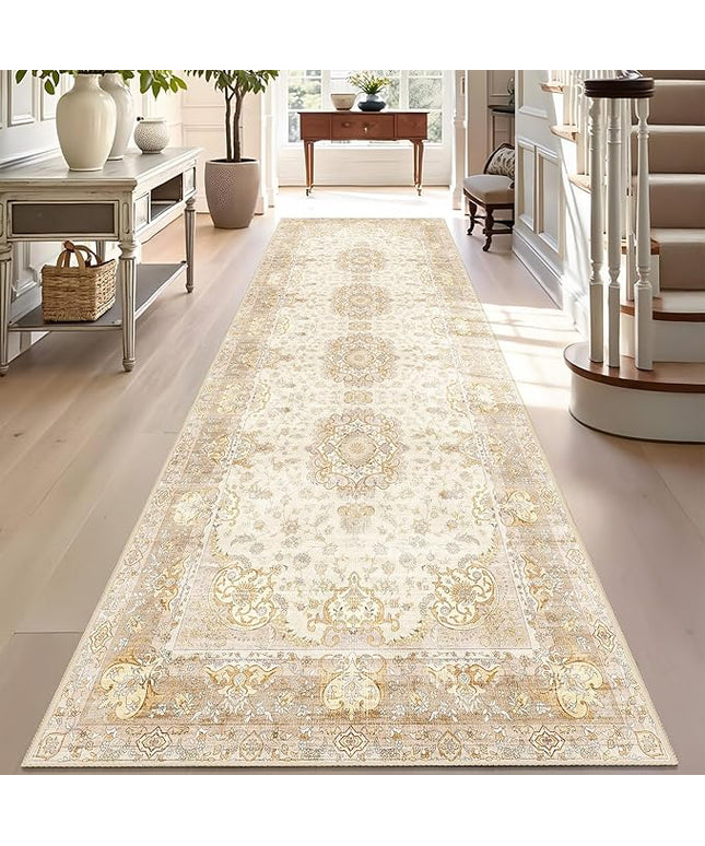 Washable Runner Rug 2'x8',Boho Rug Runners Non Slip,Long Rugs for Hallways Kitchen Bathroom Bedroom Entryway,Vintage Bohemian Distressed Floor Carpet,Beige Gold Floral