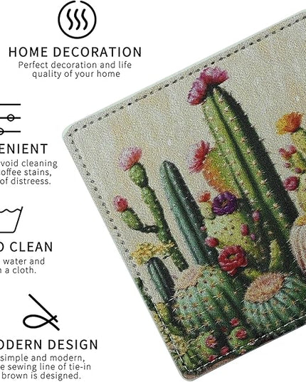 Marble Coasters Square Leather Drinks Coaster Set with Holder for Coffee Table Bar Home Decor 4 Inches Set of 6 (Cactus, One Size)