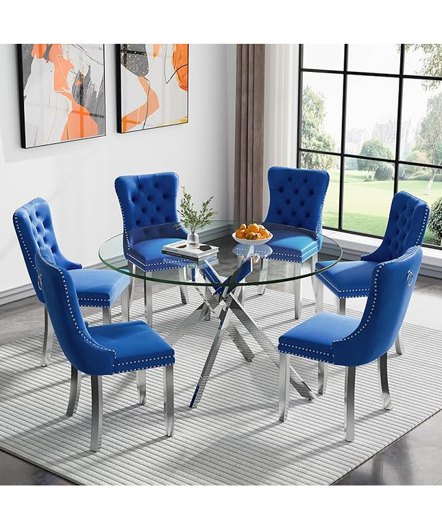 Round Glass Dining Table Set for 6, 47'' Clear Circular Kitchen Table and Chairs Set, 7PCS Modern Circle Dining Room Table Set with 6 Velvet Dining Chair for Home