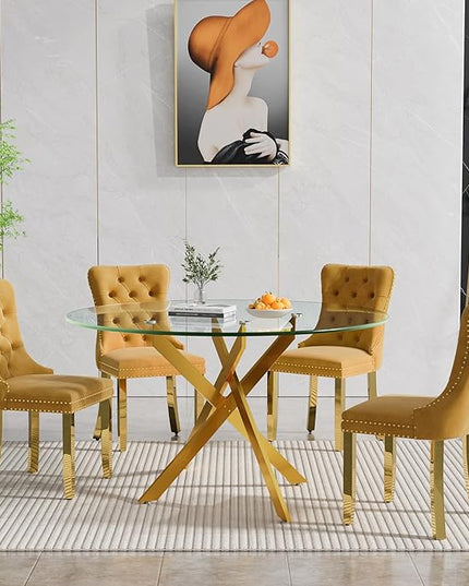 Round Glass Dining Table Set for 4, 47'' Clear Circular Kitchen Table and Chairs Set, 5PCS Modern Circle Dining Room Table Set with 4 Velvet Dining Chair for Home