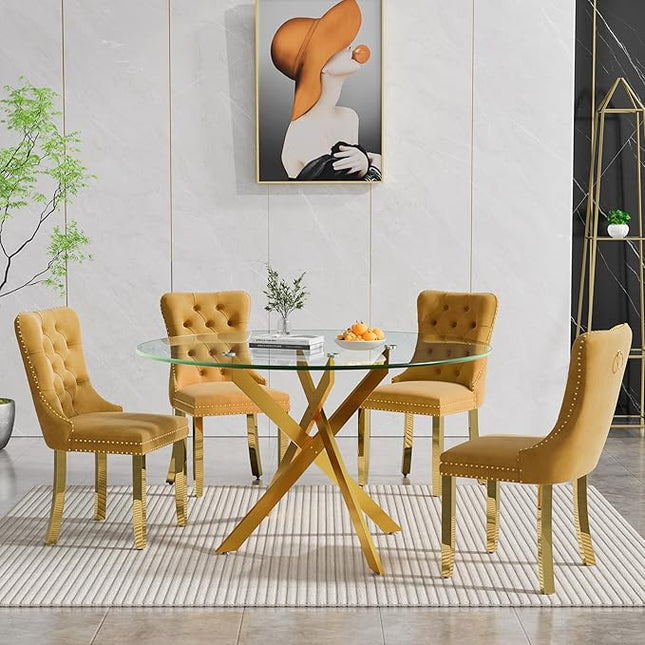 Round Glass Dining Table Set for 4, 47'' Clear Circular Kitchen Table and Chairs Set, 5PCS Modern Circle Dining Room Table Set with 4 Velvet Dining Chair for Home