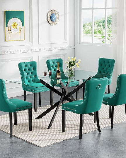 Modern 7-Piece Glass Dining Table Set for 6, Modern 60" Rectangle Black Glass Dining Room Table Set with Green Velvet Tufted Chairs Wood Legs for Kitchen Dining Room