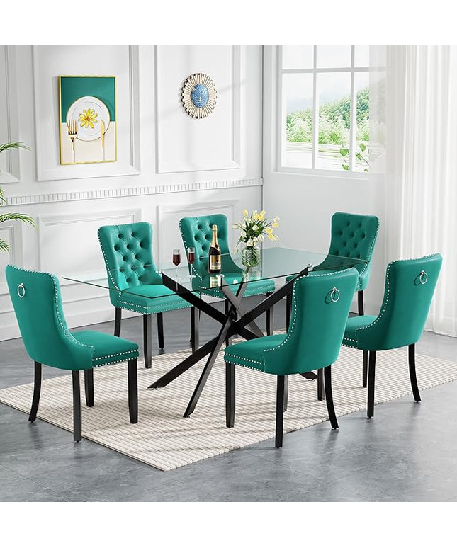 Modern 7-Piece Glass Dining Table Set for 6, Modern 60" Rectangle Black Glass Dining Room Table Set with Green Velvet Tufted Chairs Wood Legs for Kitchen Dining Room