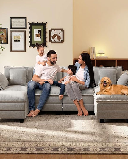 Ihanherry 106" U-Shaped Modern Sofa Modular Sectional Cloud Couch 6-Seat Chenille Seat Sofa with Ottoman for Living Room, Bedroom and Apartment, Grey