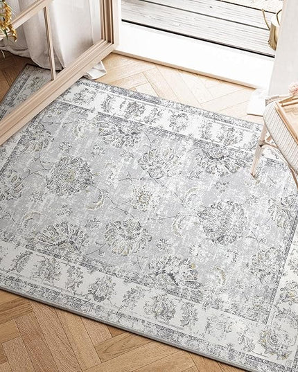 jinchan Fiora Floral 2x3 Rugs for Entryway - Vintage Washable Small Non-Slip Distressed Indoor Doormat Ultra-Thin Low-Pile Accent Rug for Entrance Kitchen Bedroom Bathroom (2x3ft, Grey)
