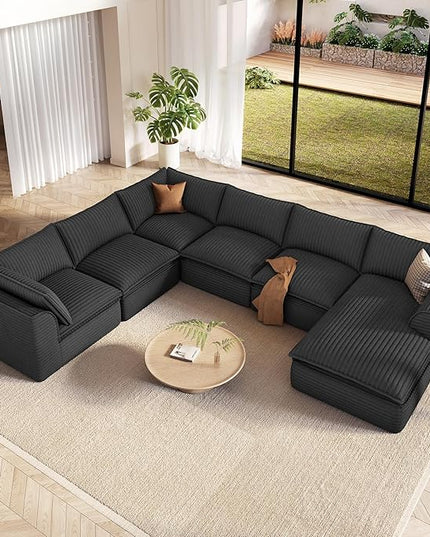 Vesgantti 141.7" Oversized Sectional Boneless Couch, Modern 7 Seater Modular Sofa with Chaise, Deep Seat Convertible Plush Corduroy Cloud Couches for Living Room, No Assembly Required, Dark Gray