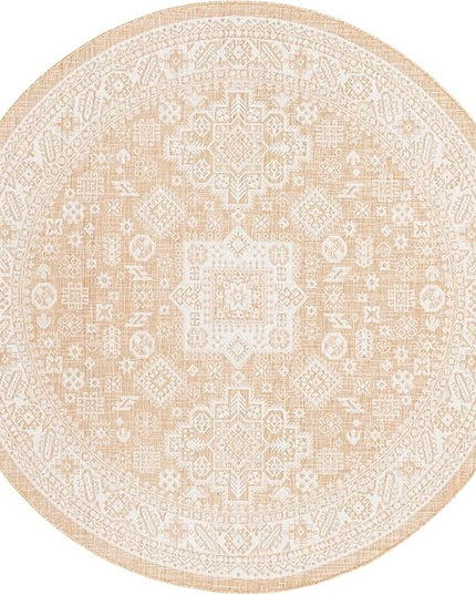 Rugs.com Outdoor Aztec Collection Rug – 8 Ft Round Natural Flatweave Rug Perfect for Kitchens, Dining Rooms