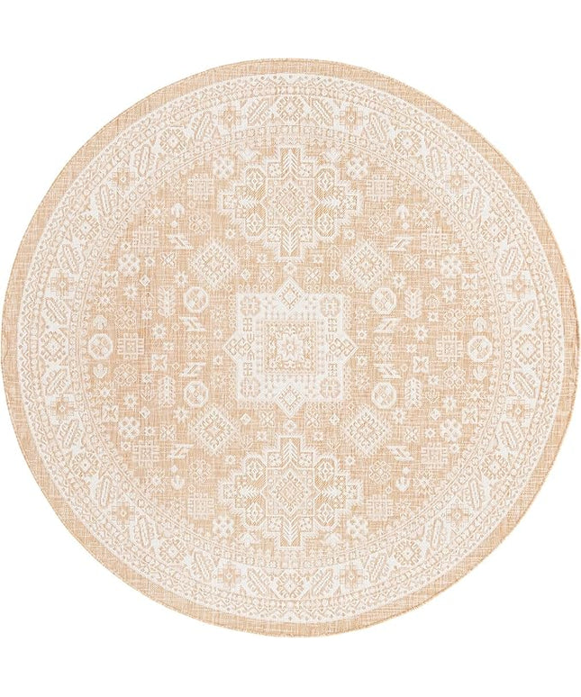 Rugs.com Outdoor Aztec Collection Rug – 8 Ft Round Natural Flatweave Rug Perfect for Kitchens, Dining Rooms
