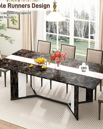 71 inch Dining Table for 4 5 6 | Modern Black Rectangular Kitchen Table W/Waterproof Wood Tabletop,Farmhouse Long Dining Room Tables W/Adjustable Legs&Wood Strip Base for Kitchen Living Room