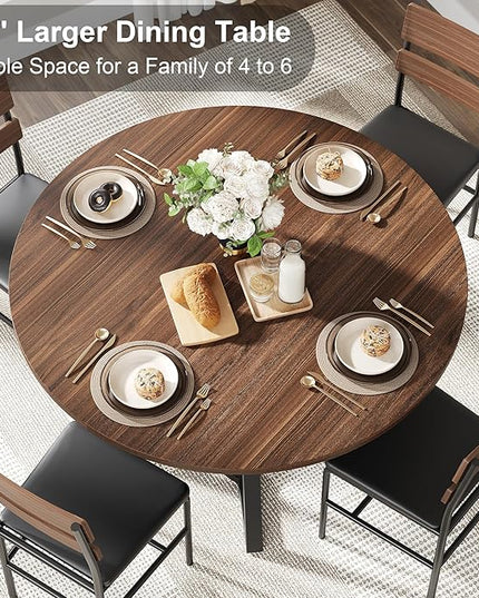Round Dining Table for 4, Kitchen Tables Dining Room Circle Dinner Table with Pedestal Metal Frame, Space Saving Wood Industrial Kitchen & Dining Room Tables, Walnut 47In