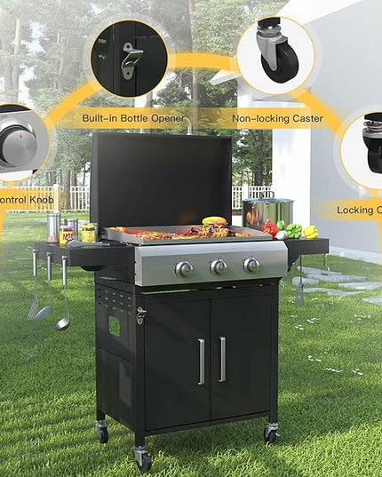 DIFY 3-Burner Propane Gas Griddle Grill, 28 in Flat Top Griddle Grill with Porcelain-Enameled Grates and Stainless Steel Frying Pan, 36000 BTU Output Barbecue Grills for Outdoor Barbecue