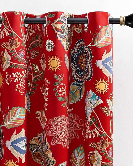 XiDi Vintage Floral Curtains 90 Inches Long for Bedroom Living Room Red Patterned Blackout Curtains 2 Panels Thermal Insulated Luxury Curtains Flower Botanical Leaf Printed Grommet Drapes Red 52x90