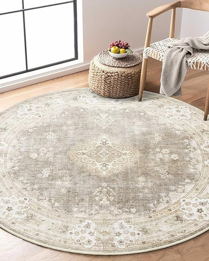 MUJOO Beige Round Rug 4ft,Circle Washable Area Rugs for Bedroom Living Room Bathroom,Vintage Bohemian Distressed Farmhouse Non Slip Circular Carpet,Floral