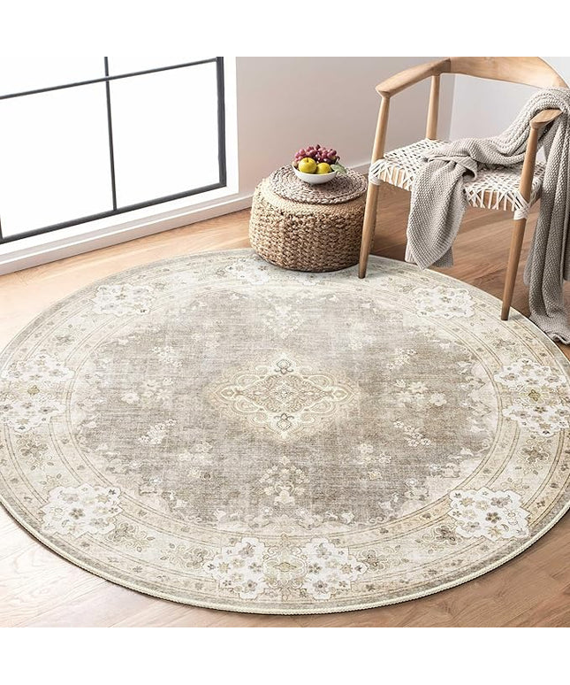 MUJOO Beige Round Rug 4ft,Circle Washable Area Rugs for Bedroom Living Room Bathroom,Vintage Bohemian Distressed Farmhouse Non Slip Circular Carpet,Floral