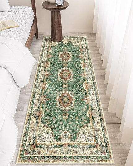 Washable Runner Rug 2'x6',Green Rug Runners Non Slip,Long Boho Rugs for Hallways Kitchen Bathroom Bedroom Entryway,Vintage Bohemian Distressed Floor Carpet,Retro Sage Floral