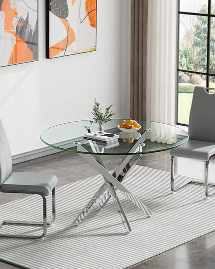HomVent Round Glass Dining Table Set for 2, 3-Piece Modern Kitchen Table Set with 2 PU Upholstered Chair for Kitchen Dining Room, Glass Dining Room Table Set