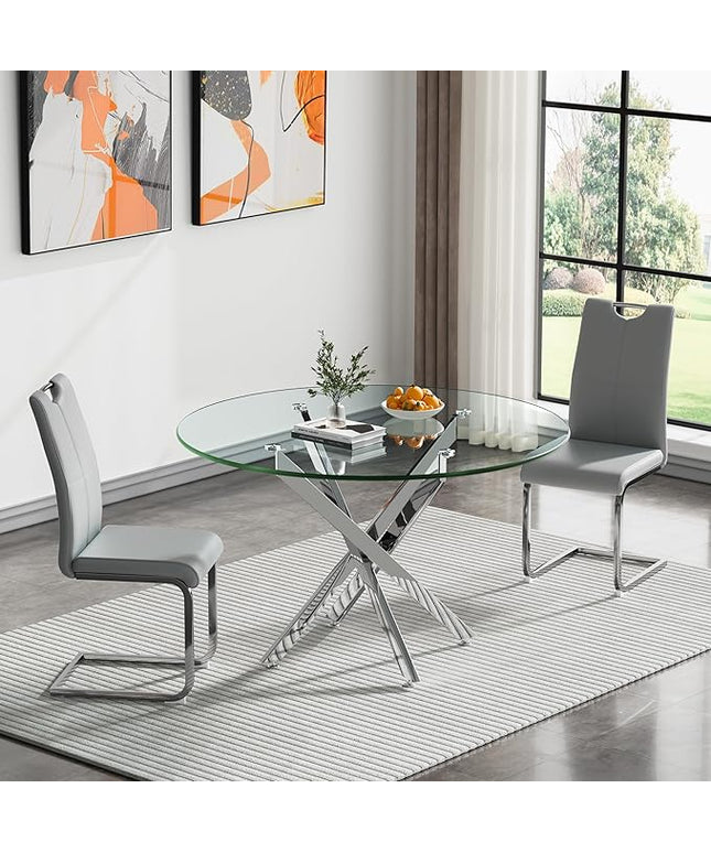 HomVent Round Glass Dining Table Set for 2, 3-Piece Modern Kitchen Table Set with 2 PU Upholstered Chair for Kitchen Dining Room, Glass Dining Room Table Set
