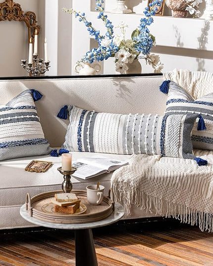 BlissBlush Navy Dark Blue Boho Decorative Lumbar Pillow Cover 14x36, Long Body Pillow for Bed, Accent Lumbar Throw Pillow for Couch, Modern Farmhouse Textured Pillowcase
