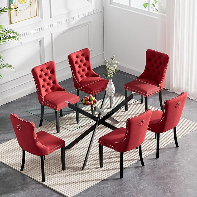 HomVent 7 Piece Rectangular Glass Dining Table Set, Tempered Glass Dinner Table Set for 6 Kitchen Table Set with 6 Velvet Upholstered Chairs for Kitchen Dining Room