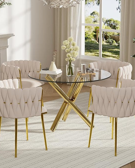 5 Pieces Round Glass Dining Set, 4 Person Modern Luxury Circle Kitchen Table Set, 36'' Clear Minimalist Circular Glass Top Dinner Room Set with Ivory Woven Chair, for Small Place (Golden)