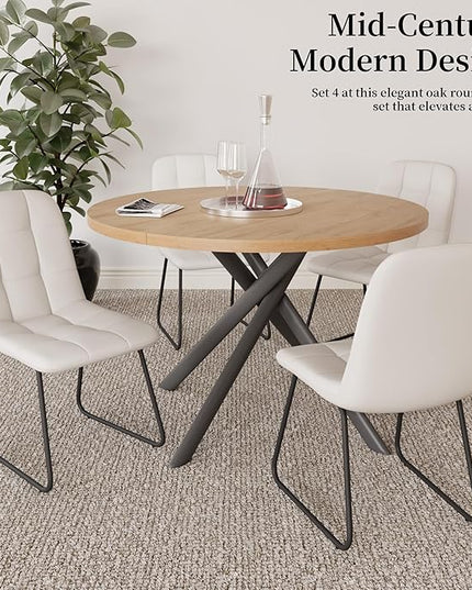 45.3 Inch Round Dining Table Set for 4, Mid Century Modern Small Kitchen Coffee Set for Dining Room Kitchen Apartment (Oak Table + 4 U-Shaped White Chairs)