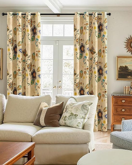 XiDi Beige Vintage Floral Curtains Boho Blackout Curtains Patterned 84 Inches Long 2 Panels for Bedroom Living Room Thermal Insulated Grommet Luxury Colorful Botanical Flower Leaf Printed Drapes 52x84
