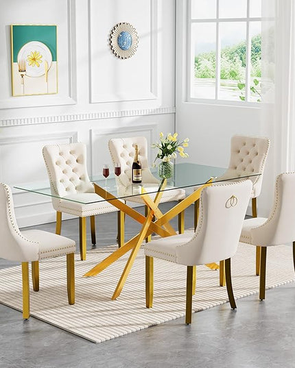 Modern 7-Piece Glass Dining Table Set for 6, Modern 60" Rectangle Gold Glass Dining Room Table Set with Milk White Velvet Tufted Chairs Wood Legs for Kitchen Dining Room