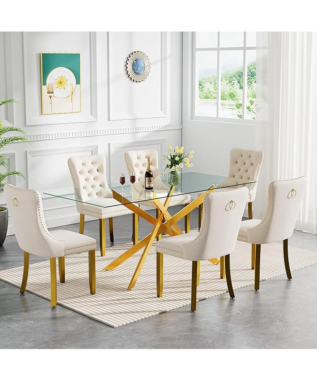 Modern 7-Piece Glass Dining Table Set for 6, Modern 60" Rectangle Gold Glass Dining Room Table Set with Milk White Velvet Tufted Chairs Wood Legs for Kitchen Dining Room