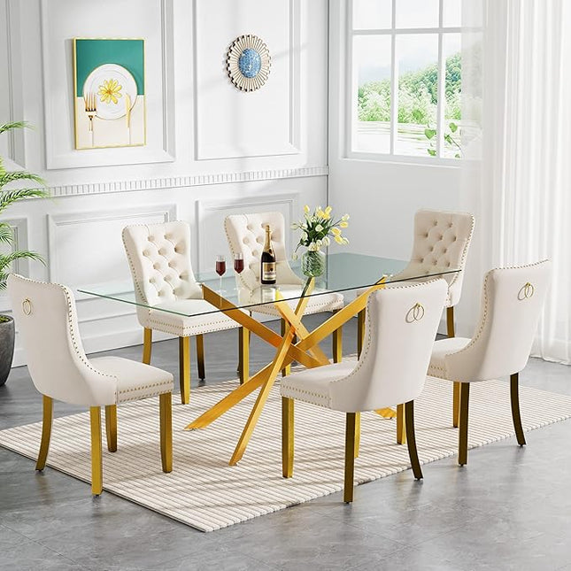 HomVent 7 Piece Rectangular Glass Dining Table Set, Tempered Glass Dinner Table Set for 6 Kitchen Table Set with 6 Velvet Upholstered Chairs for Kitchen Dining Room