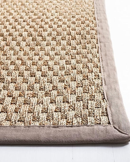 SAFAVIEH Area Rug 6' Square - Natural Fiber Collection - Natural & Grey, Seagrass, Basketweave Pattern with Border (NF114P)