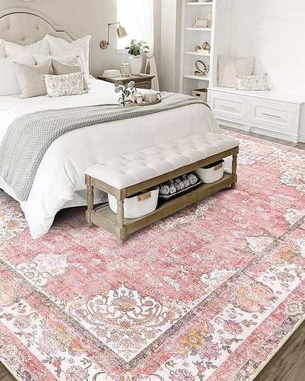 8'x10' Area Rugs Washable,Pink Rug for Living Room Bedroom Dining Room,Large Boho Vintage Bohemian Distressed Oriental Carpet Non Slip,Blush Floral Flowers
