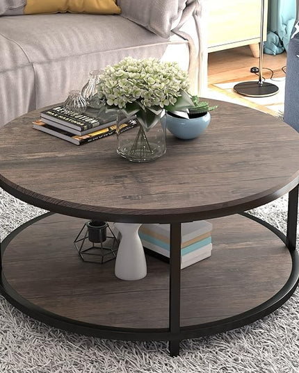 NSdirect Round Coffee Table,36" Coffee Table for Living Room,2-Tier Rustic Wood Desktop with Storage Shelf Modern Design Home Furniture(Light Walnut)