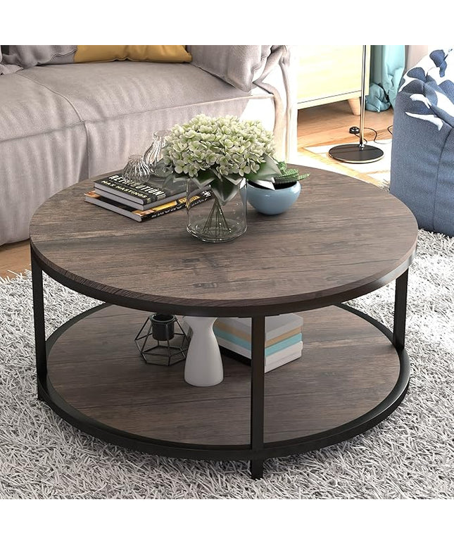 NSdirect Round Coffee Table,36" Coffee Table for Living Room,2-Tier Rustic Wood Desktop with Storage Shelf Modern Design Home Furniture(Light Walnut)