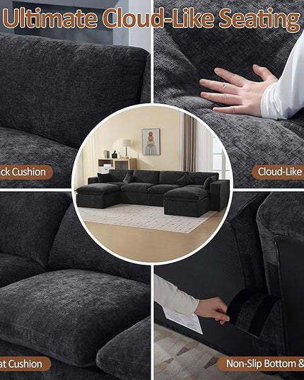 155''Cloud Boneless Modular Couch, Oversized Sectional Sofa Deep Seat with 2 Ottomans, Modern Upholstered Convertible U Shape Couch Comfy 6 Seater Chenille Sofa Couches for Living Room, Dark