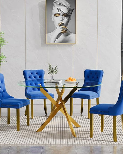 HomVent 5 Piece Round Glass Dining Table Set, Tempered Glass Dinner Table Set for 4 Kitchen Table Set with 4 Velvet Upholstered Chairs for Kitchen Dining Room