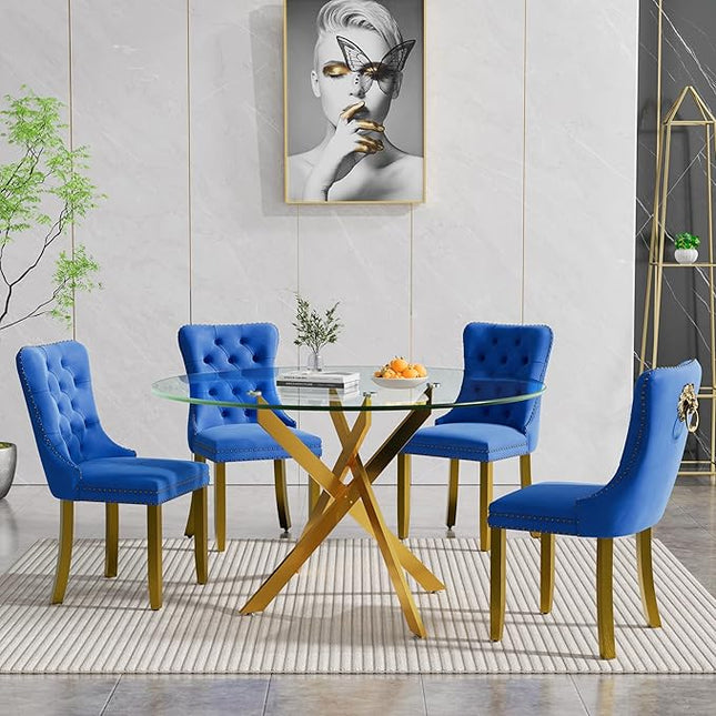HomVent 5 Piece Round Glass Dining Table Set, Tempered Glass Dinner Table Set for 4 Kitchen Table Set with 4 Velvet Upholstered Chairs for Kitchen Dining Room