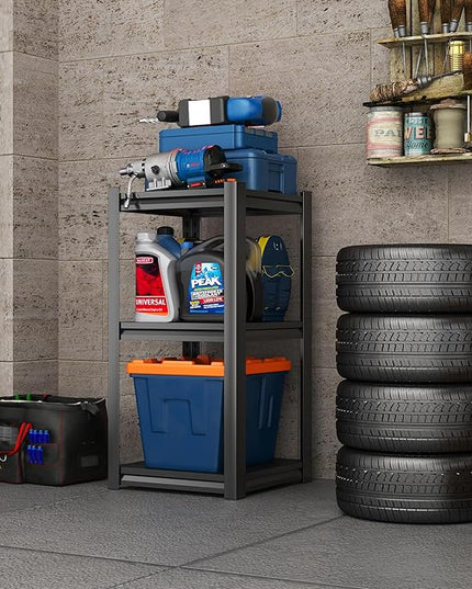 32'' Storage Shelves, 3Tier Garage Metal Shelving Unit, Adjustable, Double-Layer Column with Reinforced Ribs, Heavy-Duty, Capable of Bearing 1800 lbs, Suitable for Garage, Warehouse, Kitchen Storage
