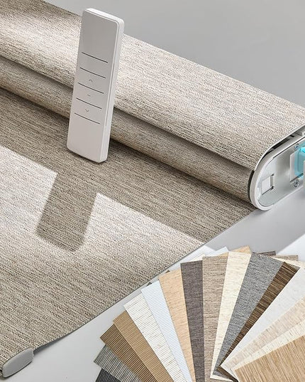 Persilux Smart Motorized Blinds with Remote, No Drill Automatic Roller Shades for Indoor Windows, Light Filtering Linen Fabric, Electric Blinds for Windows, Linen Light Brown C156-3, Custom Size