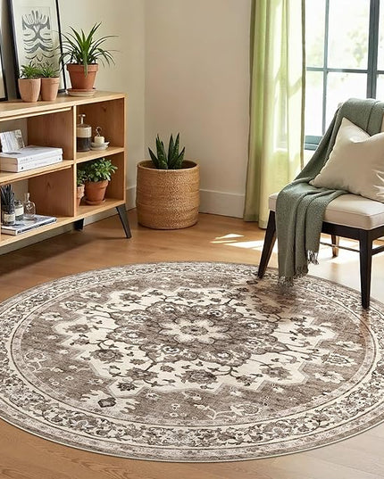 Washable Oriental Area Rug - 5ft Round Rugs for Living Room Soft Carpet for Bedroom Waterproof Floral Distressed Indoor Stain Resistant Non-Shedding Floor Carpets (Beige, 5ft-Round)